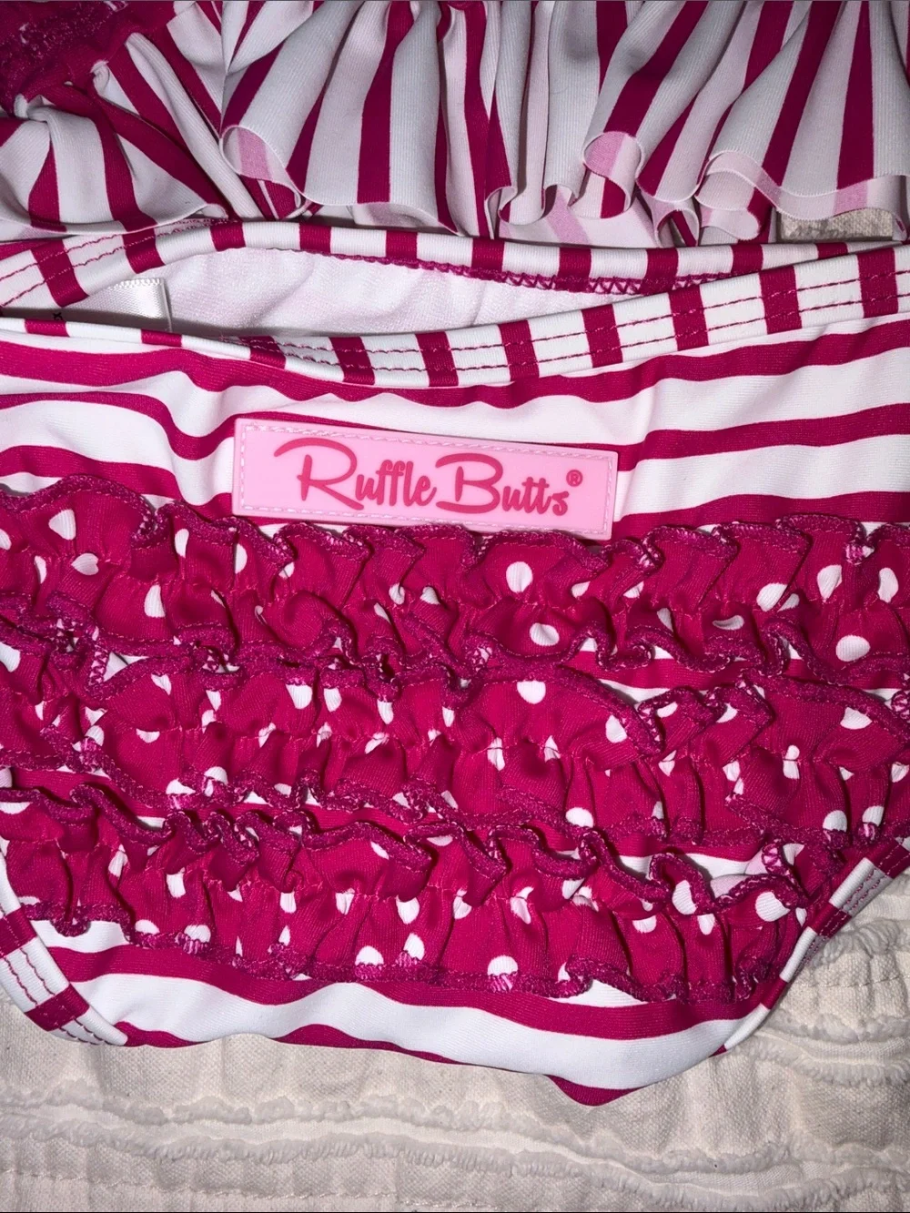 Ruffle Butts Pink and White Polka Dot & Stripe Girls Swim Set